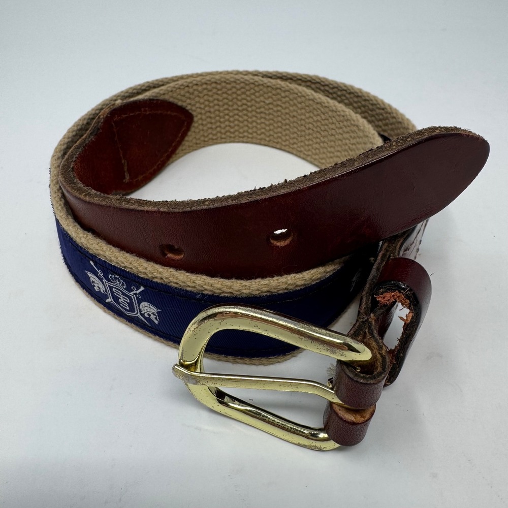 Cape Cod Belt Co Canvas Leather Belt Kids 30 Tan Navy Crest Preppy Good Cond